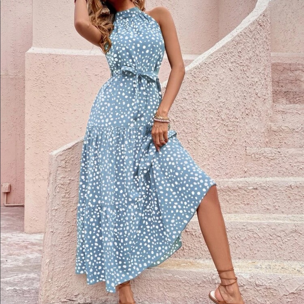 Boho Polka Dots Print Flounce Halter Belted Maxi Dress - Picture 9 of 13
